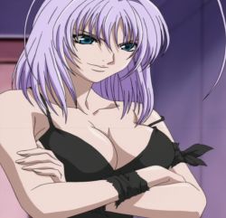 Rule 34 | 1girl, antenna hair, blue eyes, breasts, cleavage, crossed arms, dress, female focus, highres, large breasts, natsume maya, purple hair, screencap, short hair, smile, solo, stitched, tenjou tenge, third-party edit, torn clothes