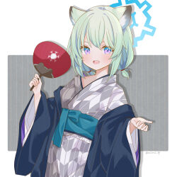 Rule 34 | 1girl, absurdres, animal ears, blue archive, blue eyes, commentary request, gradient eyes, grey kimono, halo, hand fan, highres, holding, holding fan, japanese clothes, kimono, light green hair, looking at viewer, low twintails, multicolored eyes, obi, official alternate costume, open mouth, paper fan, purple eyes, saekiya sabou, sash, shigure (blue archive), shigure (hot spring) (blue archive), short hair, smile, solo, twintails, twitter username, upper body, weasel ears, yagasuri