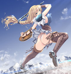 Rule 34 | 1girl, armor, armored dress, ass, blonde hair, blue eyes, boots, bouncing breasts, braid, breasts, brown thighhighs, covered erect nipples, huge breasts, large breasts, legs, long legs, panties, pantyshot, shield, shiragi, skirt, sophitia alexandra, soul calibur, soulcalibur i, sword, thigh boots, thighhighs, thighs, underwear, upskirt, weapon, white panties