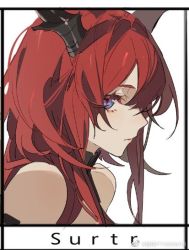 Rule 34 | 1girl, arknights, bare shoulders, blue eyes, character name, close-up, closed mouth, collar, framed, from side, hair between eyes, horns, lips, long hair, looking at viewer, looking to the side, red hair, sidelocks, simple background, sleeveless, solo, surtr (arknights), white background, zhibuji loom