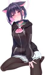 Rule 34 | 1girl, absurdres, animal ears, black choker, black hair, black jacket, black pantyhose, blue archive, blush, cat ears, cat girl, choker, colored inner hair, commentary, extra ears, green sailor collar, halo, highres, hood, hood down, hooded jacket, jacket, kazusa (blue archive), long sleeves, looking at viewer, multicolored hair, neckerchief, pantyhose, pink eyes, pink hair, pink halo, pink neckerchief, pleated skirt, puffy long sleeves, puffy sleeves, sailor collar, seiza, simple background, sitting, skirt, soles, solo, sutora binsuke, white background, white skirt