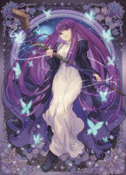 Rule 34 | 1girl, black coat, black footwear, bug, butterfly, closed mouth, coat, dress, fern (sousou no frieren), full body, highres, insect, lira mist, long hair, mage staff, purple eyes, purple hair, smile, solo, sousou no frieren, staff, staff (music), white dress