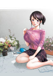 Rule 34 | 1girl, black hair, blush, breasts, copyright request, huge breasts, kneeling, looking at viewer, ponytail, purple eyes, shikishiro konomi, shirt, short hair, smile, solo, wet, wet clothes, wet shirt