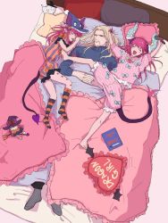 Rule 34 | 1boy, 2girls, alternate costume, artist request, bed, blanket, blonde hair, book, claws, commentary request, doll, dragon girl, dragon horns, dragon tail, eating hair, elizabeth bathory (fate), elizabeth bathory (fate/extra ccc), elizabeth bathory (halloween caster) (fate), closed eyes, fangs, fate/grand order, fate (series), halloween costume, hat, highres, horns, long hair, microphone, multiple girls, open mouth, pillow, pink hair, pointy ears, ribbon, saliva, sleeping, sleepwear, socks, sweater, tail, vlad iii (fate/apocrypha), witch hat