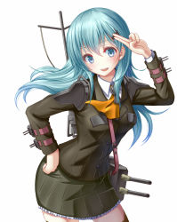 Rule 34 | 1girl, :d, ascot, black thighhighs, blue eyes, blue hair, blush, breasts, brown jacket, contrapposto, cowboy shot, floating hair, frilled skirt, frills, hair between eyes, hand on own hip, jacket, kantai collection, long hair, long sleeves, looking at viewer, medium breasts, military jacket, miniskirt, open mouth, pleated skirt, simple background, skirt, smile, solo, standing, suzuya (kancolle), thighhighs, white background, yatsu seisakusho, yellow ascot, zettai ryouiki