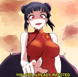 Rule 34 | 1girl, artist request, black hair, breasts, china dress, chinese clothes, corona-chan, coronavirus, coronavirus pandemic, demon wings, double bun, dress, english text, hair bun, highres, hokuto no ken, looking at viewer, meme, open mouth, original, parody, pointing, red eyes, scene reference, short hair, smug, solo, source request, symbol, wings, you are already dead