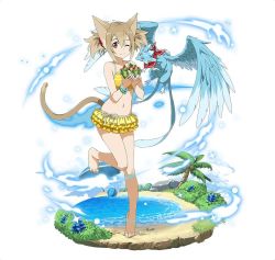 Rule 34 | 1girl, ;), animal ears, ball, barefoot, beachball, bikini, bikini skirt, blue flower, brown hair, cat ears, cat tail, collarbone, flat chest, flower, full body, hair between eyes, hair ornament, layered skirt, leg up, long hair, multiple tails, navel, one eye closed, palm tree, pina (sao), short twintails, silica, silica (sao-alo), skirt, smile, solo, standing, standing on one leg, striped bikini, striped clothes, swimsuit, sword art online, tail, tree, twintails, two tails, water, yellow skirt
