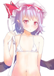 Rule 34 | 1girl, bat wings, bikini, blue hair, blush, collarbone, culter, hat, hat ribbon, looking at viewer, mob cap, navel, pink eyes, pointy ears, remilia scarlet, ribbon, shower head, simple background, solo, swimsuit, touhou, white background, white bikini, wings