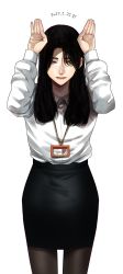 Rule 34 | 1girl, black hair, cat day, closed mouth, cowboy shot, formal, grey eyes, hair between eyes, hands up, highres, hoshi san 3, id card, long hair, long sleeves, looking at viewer, office lady, original, pantyhose, pencil skirt, shirt, simple background, skirt, solo, white background, white shirt