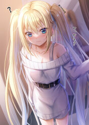 Rule 34 | 1girl, ?, bare shoulders, belt, belt buckle, black belt, blonde hair, blue eyes, blue ribbon, blush, breasts, buckle, cleavage, closed mouth, collarbone, commentary request, dress, fang, fang out, hair between eyes, hair ribbon, hand up, highres, long hair, long sleeves, medium breasts, off-shoulder dress, off shoulder, original, puffy long sleeves, puffy sleeves, reflection, ribbon, sidelocks, sleeves past wrists, solo, toshi (1-147), translation request, twintails, twitter username, very long hair, white dress