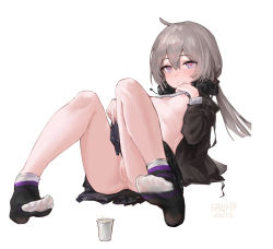 Rule 34 | 1girl, absurdres, anus, black jacket, black skirt, girls&#039; frontline, grey hair, highres, jacket, long hair, long sleeves, m200 (girls&#039; frontline), miniskirt, nipples, no shoes, open mouth, pleated skirt, purple eyes, pussy, sawkm, simple background, sitting, skirt, solo, white background