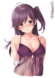 Rule 34 | 1girl, ahoge, arms behind back, bare shoulders, blush, breasts, brown eyes, collarbone, ebifurya, hagikaze (kancolle), head tilt, highres, kantai collection, lingerie, long hair, looking at viewer, medium breasts, negligee, nightgown, one side up, parted lips, pink lips, purple hair, see-through, simple background, solo, underwear, white background