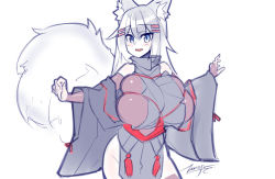 Rule 34 | animal ear fluff, animal ears, blue eyes, blush, breasts, bridal gauntlets, copyright request, cowboy shot, fluffy, fox ears, fox tail, hair ornament, hairclip, japanese clothes, kiri (sub-res), large breasts, looking at viewer, sign, signature, simple background, sketch, sub-res, tagme, tail, white background, zerion