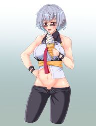Rule 34 | 1girl, bare shoulders, black pants, blue background, blush, breasts, collarbone, collared shirt, commentary request, crop top, cropped legs, food, girls&#039; frontline, glasses, gradient background, groin, hair between eyes, hand on own hip, holding, holding food, ice cream, large breasts, licking, looking at viewer, looking over eyewear, looking over glasses, midriff, navel, necktie, open fly, open mouth, panties, pants, panty peek, red eyes, red necktie, shimogami migihidari, shirt, short hair, sidelocks, silver hair, simple background, sleeveless, sleeveless shirt, solo, sunglasses, thompson (girls&#039; frontline), tinted eyewear, tongue, tongue out, underbust, underwear, white background, white shirt