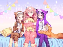 Rule 34 | 1boy, 3girls, :d, animal ears, animal hood, bad id, bad pixiv id, bed, blue eyes, blue ribbon, blush, bow, braid, brown hair, brown pajamas, closed eyes, crescent, crossed legs, feet out of frame, frilled pillow, frills, girl sandwich, hair ornament, hairclip, hand on another&#039;s head, hood, jumpsuit, long hair, long sleeves, multicolored hair, multiple girls, hugging object, on bed, open mouth, orange pajamas, original, pajamas, paraffin, parted lips, pennant, pillow, pink bow, pink hair, pink pajamas, profile, purple eyes, purple hair, purple pajamas, rabbit ears, rabbit hood, rabbit pajamas, red eyes, ribbon, sandwiched, silver hair, sitting, smile, sparkle, star (symbol), streaked hair, string of flags, stuffed animal, stuffed rabbit, stuffed toy, very long hair, wavy mouth
