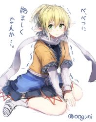 Rule 34 | 1girl, blonde hair, blush, colorized, full body, green eyes, long sleeves, looking at viewer, mizuhashi parsee, pointy ears, ponytail, scarf, shirt, short hair, simple background, sitting, sketch, skirt, solo, tears, touhou, trembling, twitter username, vest, white background, wowoguni