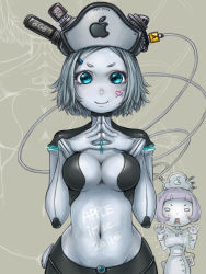 Rule 34 | 10s, 2011, 2girls, apple inc., aqua eyes, bad id, bad pixiv id, body writing, breasts, cable, colored skin, computer, grey hair, grey skin, headgear, imac, imac mc309, light smile, looking at viewer, medium breasts, multiple girls, nucomas, personification, power symbol, zoom layer