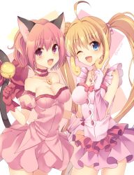 Rule 34 | 2girls, :d, ;d, animal ears, armband, bare shoulders, bell, blonde hair, blue eyes, bow, breasts, bubble skirt, cat ears, cat girl, cat tail, choker, cleavage, crossover, dress, fang, female focus, frilled dress, frills, gloves, happy, idol, jewelry, jingle bell, long hair, magical girl, medium breasts, mermaid melody pichi pichi pitch, mew ichigo, momomiya ichigo, multiple girls, nanami lucia, necklace, one eye closed, open mouth, pink dress, pink eyes, pink gloves, pink hair, pointing, rento (rukeai), short hair, skirt, sleeveless, sleeveless dress, smile, standing, strapless, strapless dress, tail, tail bow, tail ornament, tokyo mew mew, twintails, wink
