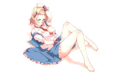 Rule 34 | 1girl, adjusting hair, alice margatroid, bad id, bad pixiv id, barefoot, between breasts, blue eyes, blush, breasts, cleavage, clothes pull, collared shirt, full body, hairband, hand in own hair, knees up, looking at viewer, lying, medium breasts, miniskirt, necktie, necktie between breasts, non (z-art), on back, open clothes, open shirt, partially unbuttoned, shirt, short sleeves, simple background, skirt, skirt pull, solo, touhou, vest, white background, wrist cuffs