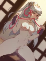 Rule 34 | 1girl, archived source, armpit crease, ayaka (genshin impact), bad id, bad twitter id, blue nails, blush, choker, cleft of venus, collarbone, feet out of frame, female pubic hair, fingernails, genshin impact, gloves, gold choker, grey eyes, grey hair, highres, hyattlen, indoors, knees out of frame, long fingernails, long hair, looking at viewer, mouth hold, nail polish, navel, nude, nyattlen, parted lips, pink lips, ponytail, pubic hair, pussy, solo, teeth, teeth hold, very long fingernails