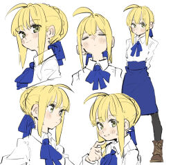 Rule 34 | 1girl, ahoge, arms behind back, artoria pendragon (all), artoria pendragon (fate), black pantyhose, blonde hair, blue sky, boots, brown footwear, closed eyes, collared shirt, expressions, fate/stay night, fate (series), green eyes, hair bun, hair ribbon, high-waist skirt, highres, looking at viewer, looking to the side, neck ribbon, nervous smile, pantyhose, ribbon, saber (fate), shirt, sidelocks, simple background, sketch, skirt, sky, smile, tenoo12, white background, white shirt