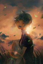 Rule 34 | 1other, amobala, androgynous, black necktie, blurry, blush, bokeh, clipboard, closed eyes, depth of field, facing to the side, facing viewer, falling leaves, from side, gem uniform (houseki no kuni), grass, green hair, hand up, happy, highres, holding, houseki no kuni, laughing, leaf, light particles, nature, necktie, open mouth, other focus, outdoors, phosphophyllite, puffy short sleeves, puffy sleeves, short hair, short sleeves, sky, solo, sunlight, twilight, upper body, wind