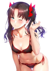 Rule 34 | 1girl, bare shoulders, black hair, blush, bra, breasts, collarbone, fate/stay night, fate (series), green eyes, highres, long hair, looking at viewer, navel, one eye closed, panties, red bra, red panties, small breasts, solo, thighs, tohsaka rin, twintails, underwear, zucchini