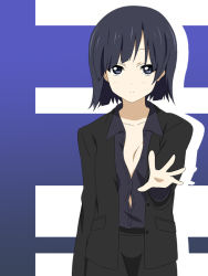 Rule 34 | 1girl, black eyes, black hair, breasts, business suit, cleavage, collared shirt, extra, face, foreshortening, formal, ikari manatsu, k-on!, no bra, outstretched hand, short hair, solo, suit, sunahara yoshimi