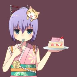 Rule 34 | 1girl, bad id, bad pixiv id, blue eyes, blush, blush stickers, cake, cake slice, cat, eating, food, food on face, fork, fruit, hair ornament, hair stick, happy birthday, holding, holding fork, japanese clothes, kimono, millie (paperman), nekomo, paper man, plate, purple background, purple hair, simple background, solo, strawberry