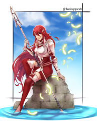 Rule 34 | 1girl, armor, armored dress, boobplate, breastplate, closed mouth, cloud, commentary, cordelia (fire emblem), day, dress, feathers, fire emblem, fire emblem awakening, flamingo (eme324), garter straps, gauntlets, hair between eyes, hair ornament, highres, holding, holding polearm, holding spear, holding weapon, lips, long hair, nintendo, polearm, red dress, red eyes, red hair, sitting, sky, smile, solo, spear, thighhighs, thighs, twitter username, very long hair, water, weapon, wing hair ornament, zettai ryouiki