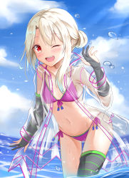 Rule 34 | 1girl, ;d, bare shoulders, bikini, blonde hair, blue bikini, blush, breasts, cloud, collarbone, detached sleeves, fate/grand order, fate/kaleid liner prisma illya, fate (series), hand up, highres, hlhzt97, illyasviel von einzbern, illyasviel von einzbern (swimsuit archer), illyasviel von einzbern (swimsuit archer) (third ascension), looking at viewer, medium hair, navel, one eye closed, open clothes, open mouth, red eyes, see-through, sidelocks, single thighhigh, sky, small breasts, smile, solo, splashing, standing, stomach, striped clothes, striped sleeves, striped thighhighs, swimsuit, teeth, thighhighs, thighs, water, wet