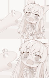 Rule 34 | 1girl, 2koma, animal ear fluff, animal ears, bad id, bad pixiv id, bare shoulders, blurry, blush, comic, dress, fang, foreign blue, g41 (girls&#039; frontline), girls&#039; frontline, greyscale, hair between eyes, hands on lap, head tilt, highres, long hair, low-tied long hair, monochrome, navel, open mouth, pleated skirt, silent comic, sitting, skirt, sleeveless, sleeveless dress, surprised, very long hair