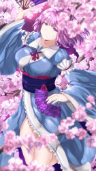 Rule 34 | 1girl, arm garter, arms up, blue kimono, blurry, blurry background, blurry foreground, branch, breasts, cherry blossoms, floating, folding fan, hand fan, highres, holding, holding fan, japanese clothes, kimono, large breasts, leaning to the side, long sleeves, looking at viewer, mirufui, no headwear, obi, purple eyes, purple hair, saigyouji yuyuko, sash, short hair, smile, solo, touhou
