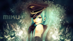 Rule 34 | 1girl, aqua eyes, aqua hair, bare shoulders, blue eyes, blue hair, captain (drawfag), eyepatch, finger to mouth, gloves, hat, hatsune miku, looking at viewer, matching hair/eyes, military, military hat, military uniform, open mouth, smile, solo, tattoo, twintails, uniform, vocaloid
