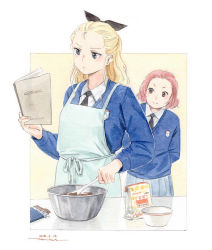 Rule 34 | 2girls, apron, arms behind back, assam (girls und panzer), black neckwear, black ribbon, blonde hair, blue apron, blue eyes, blue skirt, blue sweater, book, bowl, brown eyes, chocolate, closed mouth, commentary, cooking, dated, dress shirt, emblem, frown, girls und panzer, hair pulled back, hair ribbon, highres, holding, holding book, holding spatula, horikou, leaning to the side, long hair, long sleeves, looking at another, medium hair, multiple girls, necktie, outside border, pleated skirt, red hair, ribbon, rosehip (girls und panzer), school uniform, shirt, skirt, smile, spatula, st. gloriana&#039;s (emblem), st. gloriana&#039;s school uniform, standing, sweater, traditional media, v-neck, valentine, white shirt, wing collar