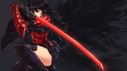 Rule 34 | 1girl, armor, black hair, boots, fighting stance, gauntlets, highres, katana, long hair, mature female, miniskirt, ootachi, raven branwen, red eyes, rwby, skirt, sword, thigh boots, thighhighs, weapon