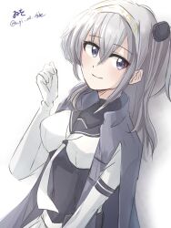 Rule 34 | 1girl, artist name, black sailor collar, bodysuit, breasts, corset, elbow gloves, gloves, grey jacket, headband, highres, jacket, jacket on shoulders, kantai collection, medium breasts, neckerchief, one-hour drawing challenge, one side up, sailor collar, simple background, solo, suzutsuki (kancolle), twitter username, upper body, white background, white bodysuit, white gloves, white headband, white neckerchief, wiwo