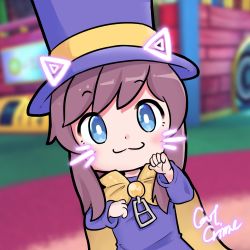 Rule 34 | 1girl, :3, a hat in time, animal ears, blue eyes, blurry, blurry background, blush, brown hair, cape, cat ears, child, closed mouth, dot nose, eyebrows, face filter, fake animal ears, female focus, hat, hat kid, highres, indoors, long sleeves, looking at viewer, outline, paw pose, sidelocks, smile, solo, top hat, upper body, whiskers, yellow cape, zipper pull tab