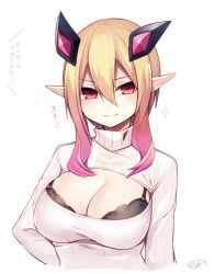 Rule 34 | 1girl, bad id, bad pixiv id, black bra, blonde hair, blush, bra, breasts, cleavage, cleavage cutout, clothing cutout, dark falz apprentice, female focus, gradient hair, hair ornament, large breasts, looking at viewer, meme attire, multicolored hair, muryotaro, open-chest sweater, phantasy star, phantasy star online 2, pink hair, pointy ears, red eyes, ribbed sweater, short hair, short hair with long locks, simple background, solo, sweater, translation request, turtleneck, underwear, upper body, white background