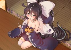 Rule 34 | 1girl, absurdres, ahoge, animal ears, azur lane, black hair, blush, bow, breasts, caesar8149, collarbone, detached sleeves, hair bow, highres, japanese clothes, lap pillow invitation, long hair, looking at viewer, seiza, single thighhigh, sitting, small breasts, smile, thighhighs, very long hair, yoizuki (azur lane)