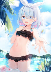 Rule 34 | 1girl, absurdres, arona (blue archive), bare arms, bare shoulders, bikini, black bikini, blue archive, blue eyes, blue hair, blue sky, blush, bow hairband, breasts, cloud, collarbone, colored inner hair, commentary, day, eyes visible through hair, fengshen chino, frilled bikini, frills, hair over one eye, hairband, halo, halterneck, hand on own chest, highres, light blue hair, looking at viewer, multicolored hair, navel, open mouth, outdoors, outstretched arm, palm leaf, pink hair, reaching, reaching towards viewer, short hair, sky, small breasts, smile, solo, stomach, swimsuit, teeth, upper teeth only, wading, water, white hairband