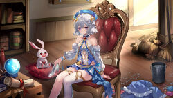 Rule 34 | 1girl, absurdres, ahoge, bare shoulders, blue eyes, breasts, bucket, chair, character request, cleavage, commentary request, detached sleeves, feet out of frame, gemtrader story, hair between eyes, highres, indoors, long sleeves, medium breasts, rabbit, sheya, short hair, single thighhigh, sitting, thighhighs, white hair, white thighhighs