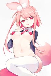 Rule 34 | 1girl, :p, animal ears, breasts, character request, copyright request, female focus, highres, looking at viewer, medium breasts, meme attire, navel, necktie, pasties, peneko, pink eyes, pink hair, pink legwear, revealing clothes, reverse bunnysuit, reverse outfit, short hair with long locks, smile, solo, tail, tongue, tongue out, v, white legwear