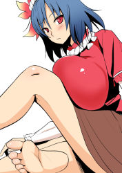 Rule 34 | 1girl, barefoot, blue hair, blush, breast press, breast rest, breasts, brown skirt, closed mouth, commentary request, diisuke, feet, from side, hair ornament, huge breasts, layered sleeves, leaf hair ornament, legs, long sleeves, looking at viewer, looking to the side, puffy short sleeves, puffy sleeves, red eyes, red shirt, rope, shirt, short hair, short over long sleeves, short sleeves, sitting, skirt, soles, solo, thighs, toes, touhou, yasaka kanako