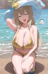 Rule 34 | 1boy, 1girl, bare shoulders, beach, bikini, blonde hair, blue archive, blue footwear, blush, breasts, cleavage, closed eyes, collarbone, commentary, day, doodle sensei (blue archive), front-tie bikini top, front-tie top, green halo, halo, hat, highres, hood (james x), large breasts, long hair, nonomi (blue archive), nonomi (swimsuit) (blue archive), official alternate costume, open mouth, outdoors, sandals, sensei (blue archive), side-tie bikini bottom, smile, solo focus, swimsuit, thighs, toes, water, wet, white hat, yellow bikini