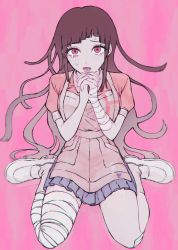 Rule 34 | 1girl, apron, bandaged arm, bandaged leg, bandages, bandaid, bandaid on knee, bandaid on leg, danganronpa (series), danganronpa 2: goodbye despair, gradient background, gradient hair, grey apron, highres, hism 25 (tsumari), long hair, looking at viewer, multicolored hair, own hands clasped, own hands together, pink background, pink eyes, pink shirt, pleated skirt, puffy short sleeves, puffy sleeves, shirt, shoes, short sleeves, skirt, socks, solo, tears, tsumiki mikan