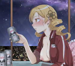 Rule 34 | 1girl, alcohol, beer, beer can, blonde hair, blush, brand name imitation, breasts, can, city lights, cityscape, collarbone, drill hair, drink can, drunk, frilled pillow, frills, hair ornament, hairpin, indoors, jacket, large breasts, long hair, mahou shoujo madoka magica, nail polish, naked jacket, night, night sky, nipples, no bra, one breast out, open clothes, open jacket, parted lips, pillow, profile, sky, solo, star (sky), starry sky, tomoe mami, tomoe mami no heibon na nichijou, track jacket, track suit, twin drills, twintails, window, yellow eyes, you2