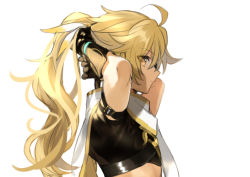 Rule 34 | 1boy, adjusting hair, aether (genshin impact), ahoge, alternate hairstyle, arms up, black gloves, blonde hair, cape, closed mouth, from side, genshin impact, gloves, hair between eyes, long hair, maka (morphine), male focus, ponytail, profile, short sleeves, simple background, solo, white background, white cape