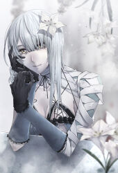 Rule 34 | 1girl, arm warmers, asymmetrical hair, bandaged arm, bandaged neck, bandages, black gloves, blurry, blurry background, braid, breasts, cleavage, commentary request, flower, gloves, hair flower, hair ornament, hair over one eye, head rest, highres, kaine (nier), large breasts, lingerie, looking at viewer, lunar tear, medium hair, negligee, nier, nier (series), parted lips, setsumushi, solo, twitter username, underwear, white hair, yellow eyes