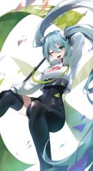 Rule 34 | 1girl, ;d, bad id, bad pixiv id, black bodysuit, black thighhighs, blue eyes, blue hair, blush, bodysuit, bodysuit under clothes, clothes writing, covered navel, crop top, hair between eyes, hair ornament, hatsune miku, highres, long hair, long sleeves, looking at viewer, one eye closed, open mouth, racing miku, racing miku (2022), simple background, single thighhigh, smile, solcha, solo, thighhighs, twintails, very long hair, vocaloid, white background
